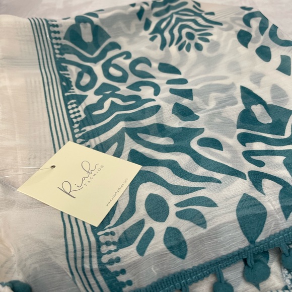 BOHO TEAL BLUE PRINT KIMONO/ COVER UP WITH POM POM DETAILING - Picture 10 of 10